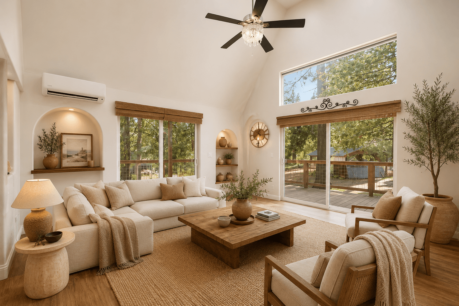 The bright main-house living room with vaulted ceilings, sectional sofa, and forest views