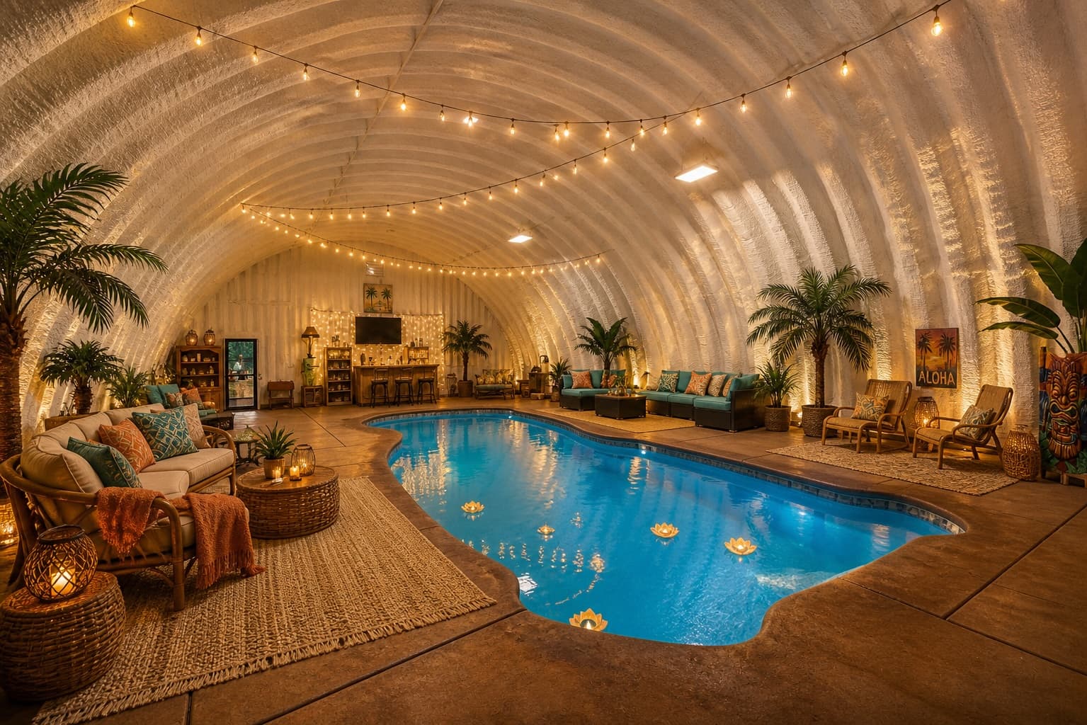 The heated indoor saltwater pool under its barrel vault